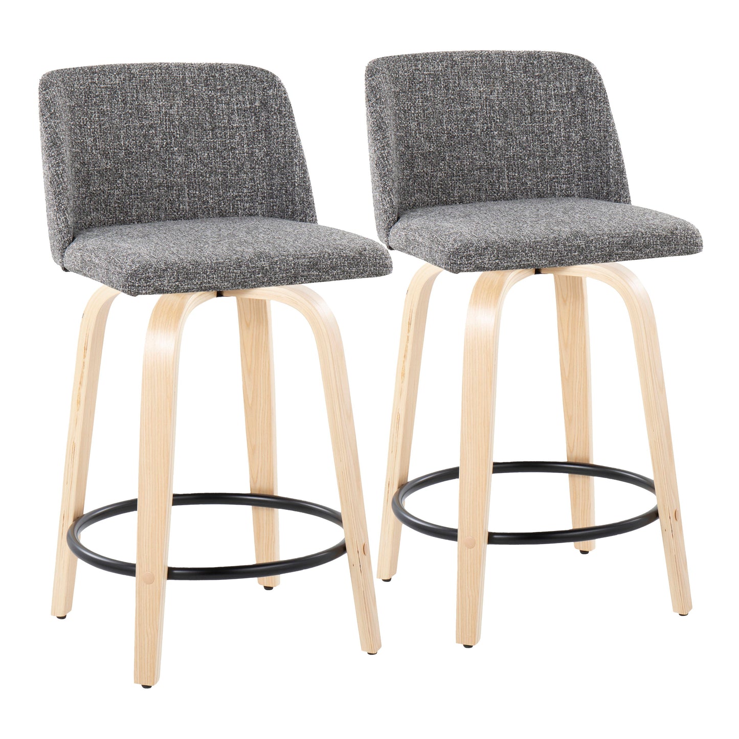 The Toriano set includes two contemporary, fixed-height counter stools with grey upholstered seats and backs, light wooden legs, and a black circular footrest. Their sleek, minimalist design suits modern interiors perfectly.