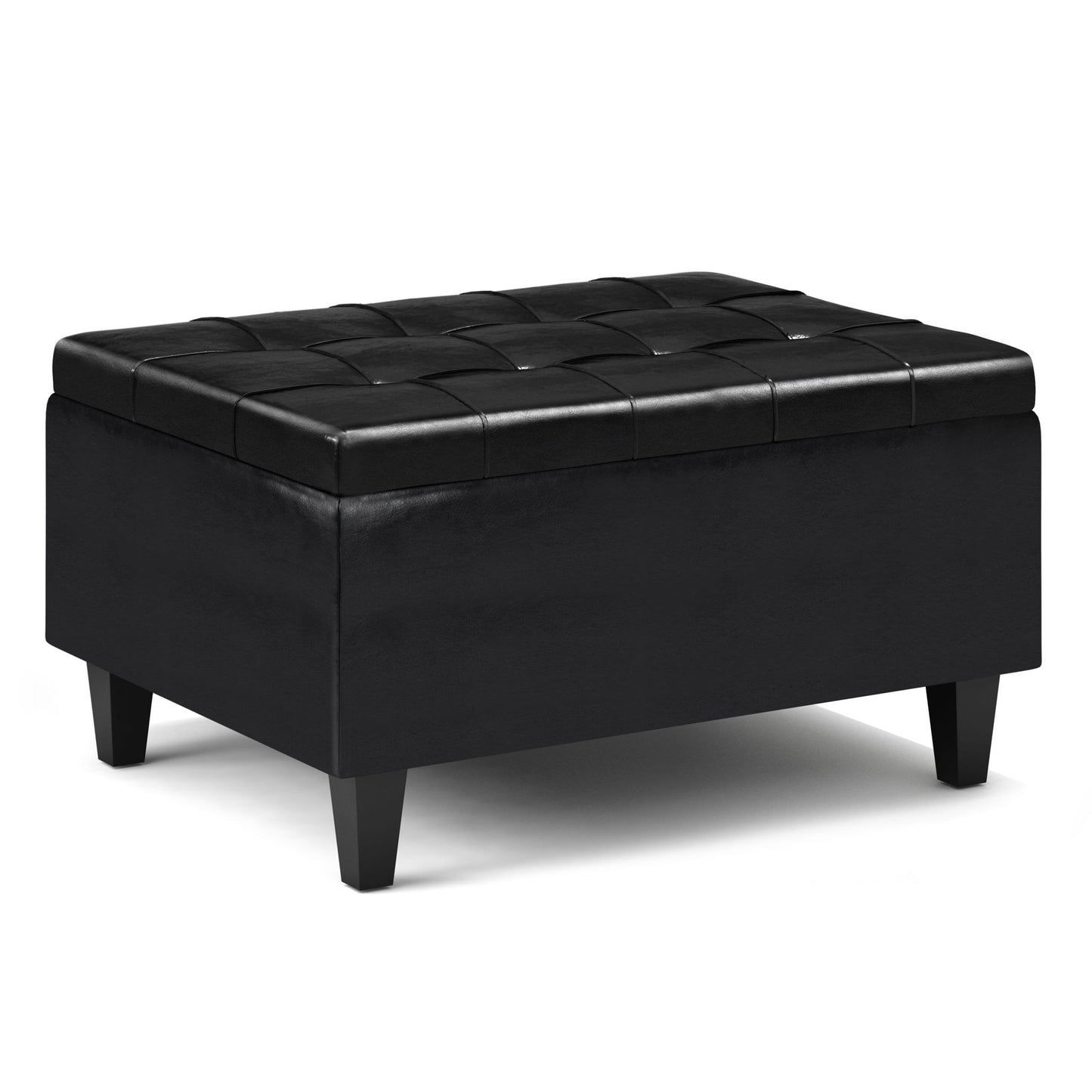 The Harrison Upholstered Coffee Table Storage Ottoman features a black, rectangular design with a tufted cushioned top and short angled legs, shown against a white background.
