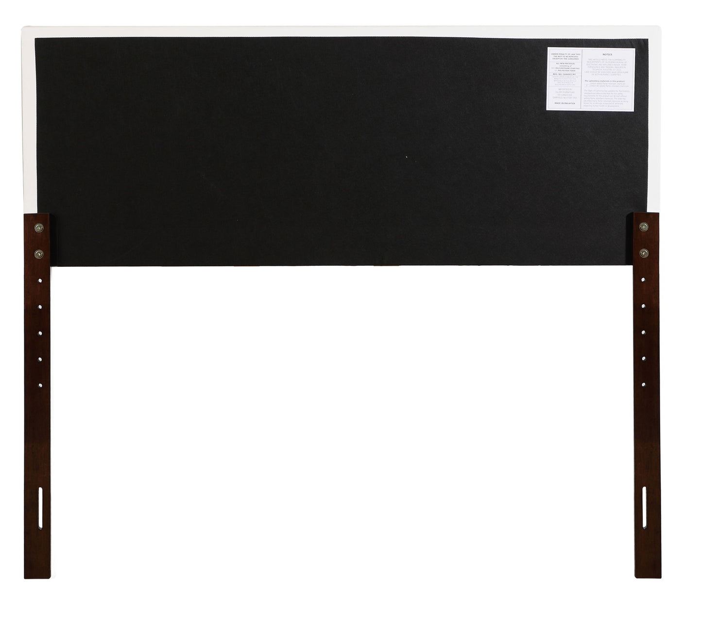 The Nova – Headboard is black and rectangular with dark wooden legs, adjustable height slots, and a white instruction label on the top right corner.