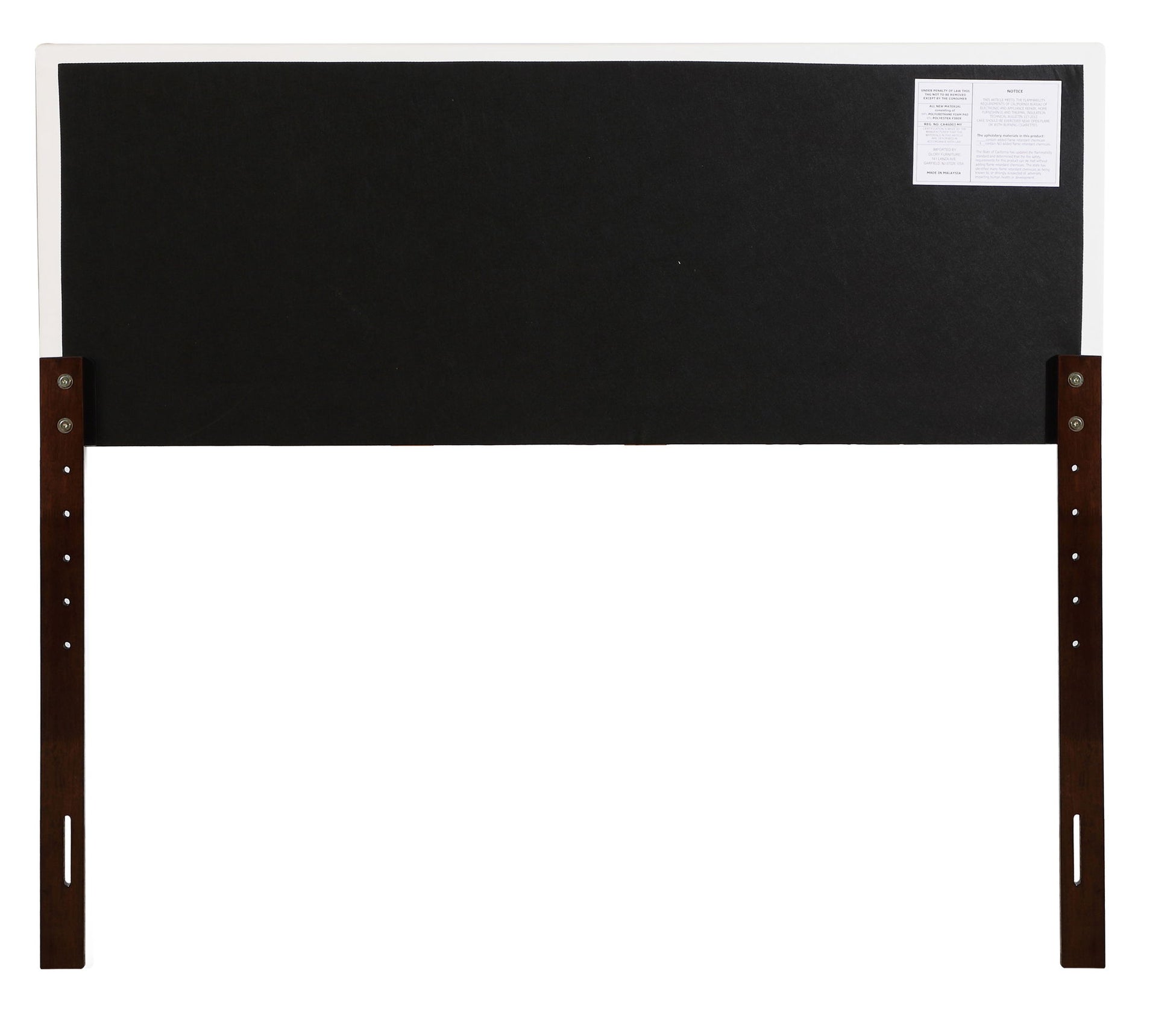 The Nova – Headboard is black and rectangular with dark wooden legs, adjustable height slots, and a white instruction label on the top right corner.
