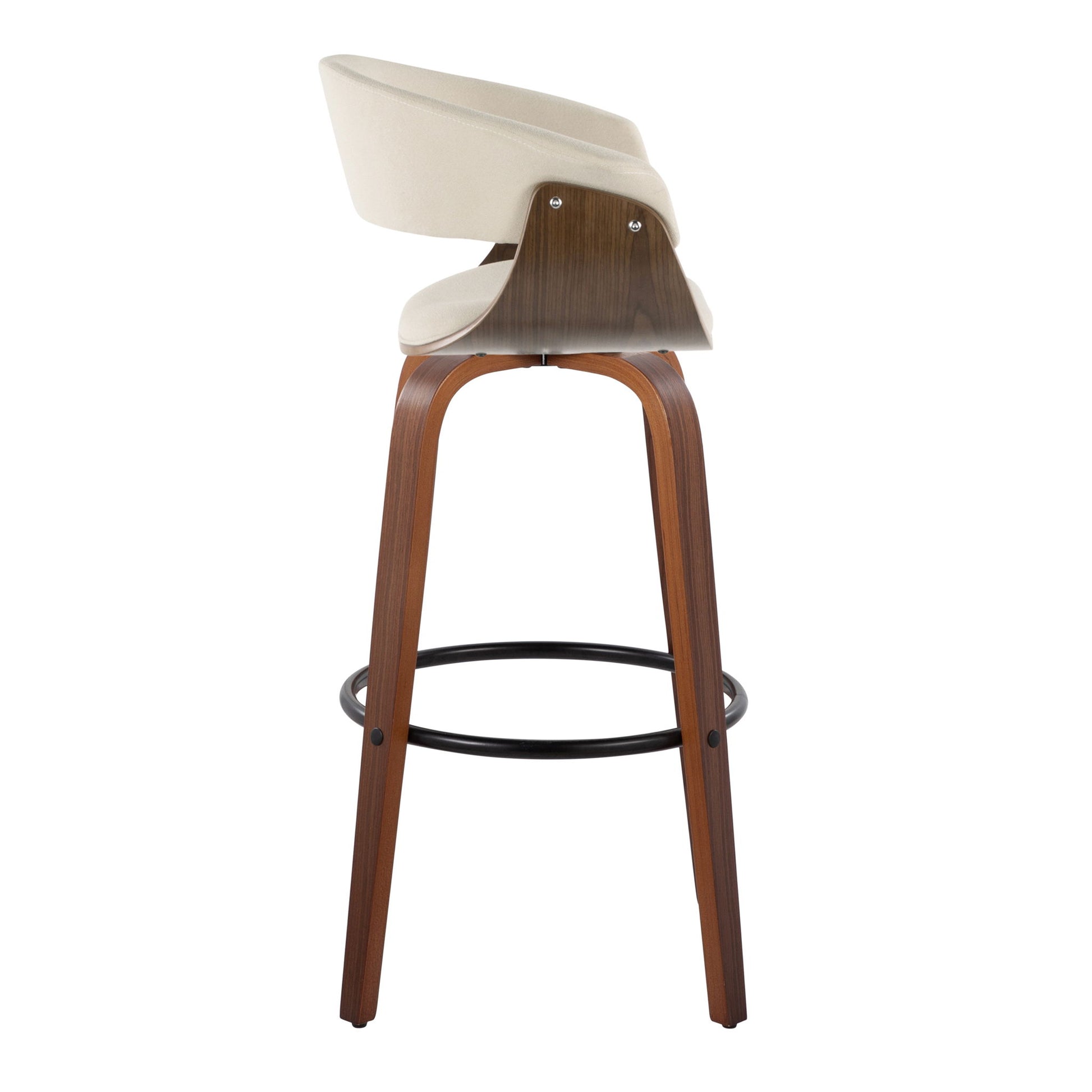 The Vintage Mod Mid Century Modern Fixed Height Barstool features a curved beige upholstered seat, wooden backrest, angled legs, and a round black metal footrest, shown from the side against a white background. Set of 2 with swivel.