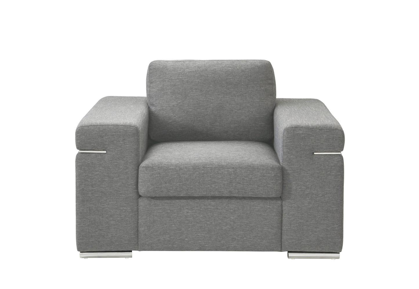 The Gianna - Fabric Arm Chair is a modern gray upholstered seat with wide armrests, a cushioned backrest, and metal legs. Shown from the front against a white background, it features a minimalist design.