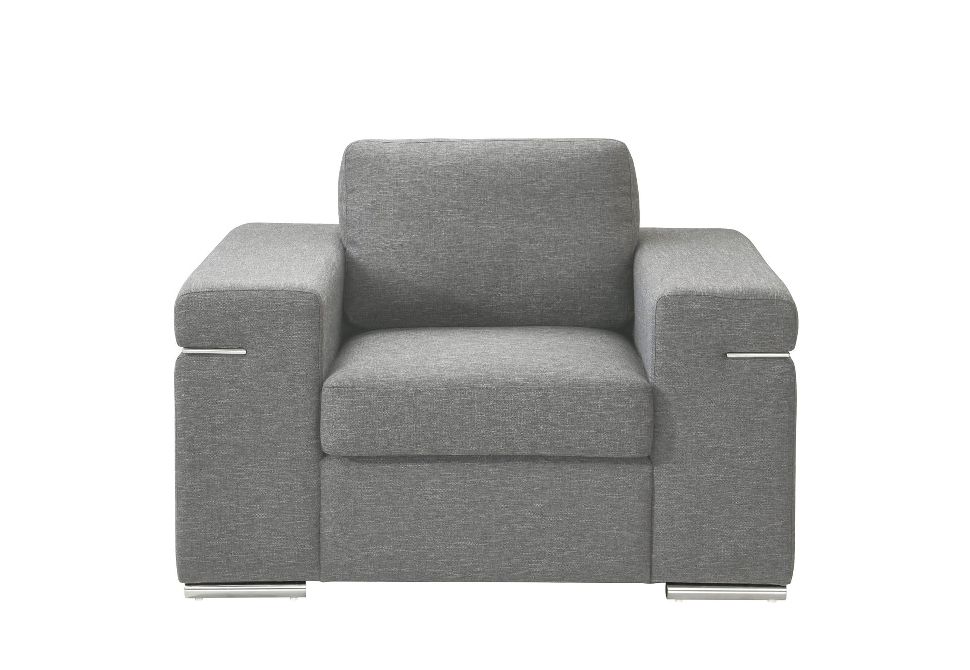 The Gianna - Fabric Arm Chair is a modern gray upholstered seat with wide armrests, a cushioned backrest, and metal legs. Shown from the front against a white background, it features a minimalist design.