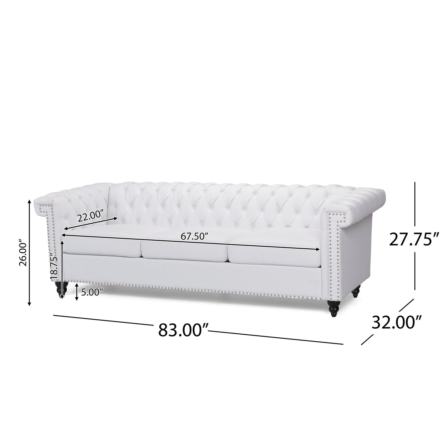 The Chesterfield Style 3 Seater Sofa with deep button tufting features rolled arms and nailhead trim. Dimensions: 83"W x 32"D x 27.75"H; arm height: 26", seat: 18.75"H x 22"D x 67.5"W, leg height: 5".