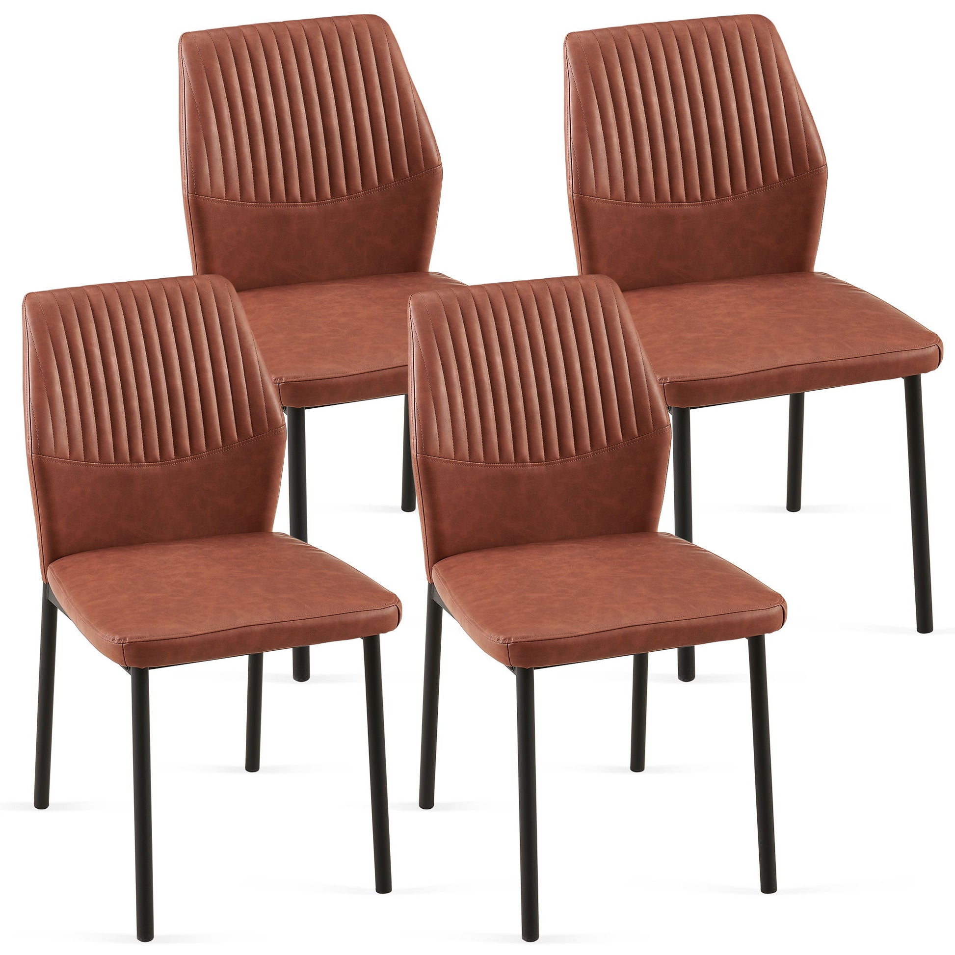Set of four Dining Chairs Living Room Chair Modern Kitchen Armless Side Chair With Metal Legs in brown faux leather with vertical stitched backrests, black legs, displayed staggered against a white background.