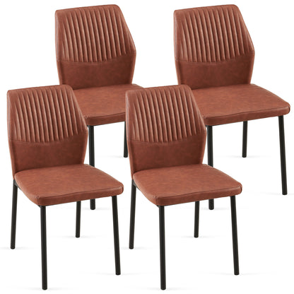 Set of four Dining Chairs Living Room Chair Modern Kitchen Armless Side Chair With Metal Legs in brown faux leather with vertical stitched backrests, black legs, displayed staggered against a white background.