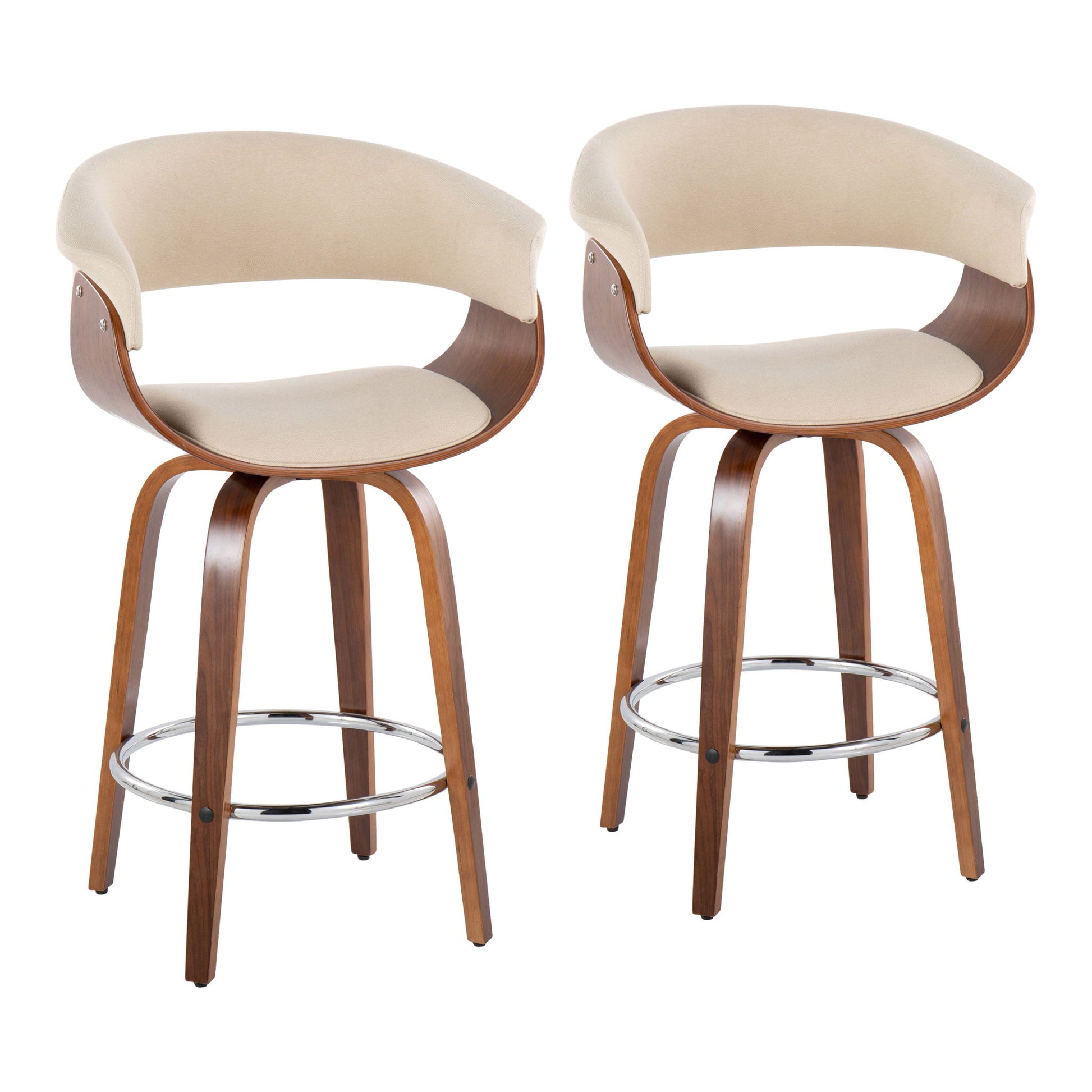 The Vintage Mod set includes two mid-century modern fixed height counter stools with swivel seats, light beige cushions, curved wooden frames, angled legs, and round chrome footrests.