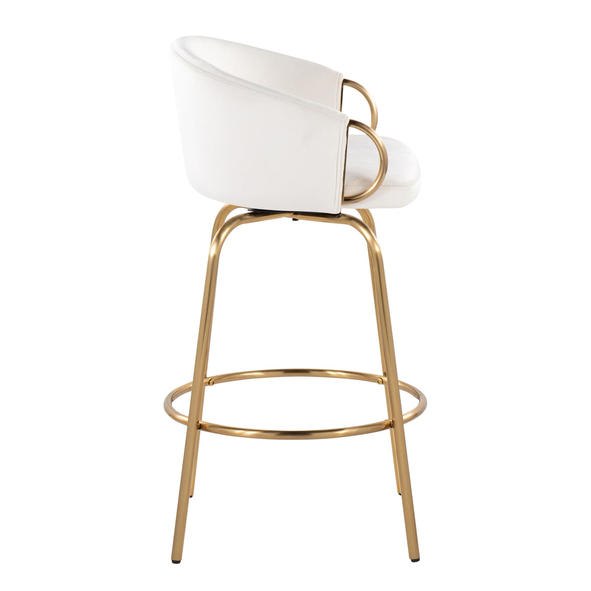 The Claire Contemporary & Glam Counter Stool (Set of 2) features a white cushioned seat and backrest, gold metal legs, and a matching circular footrest, shown from the side against a white background.