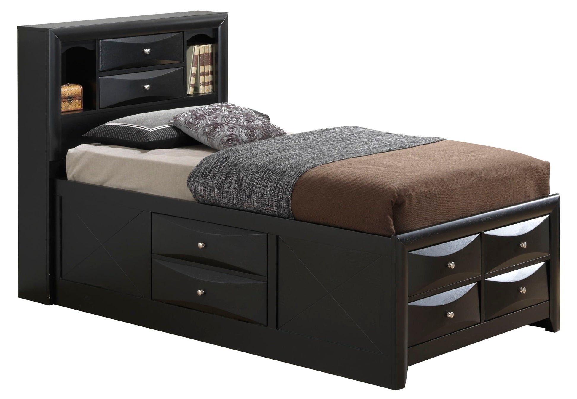 The Marilla Storage Bed With Bookcase Headboard is a black wooden twin bed with shelves and drawers in the headboard, plus storage drawers on the side and front. It's shown neatly made with neutral bedding and decorative pillows.