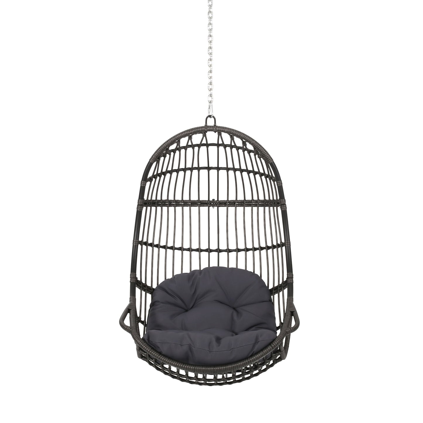 The Rustic Hanging Basket Chair With Cushion is a black egg-shaped rattan chair with a grey cushion, suspended from a metal chain and shown against a white background.