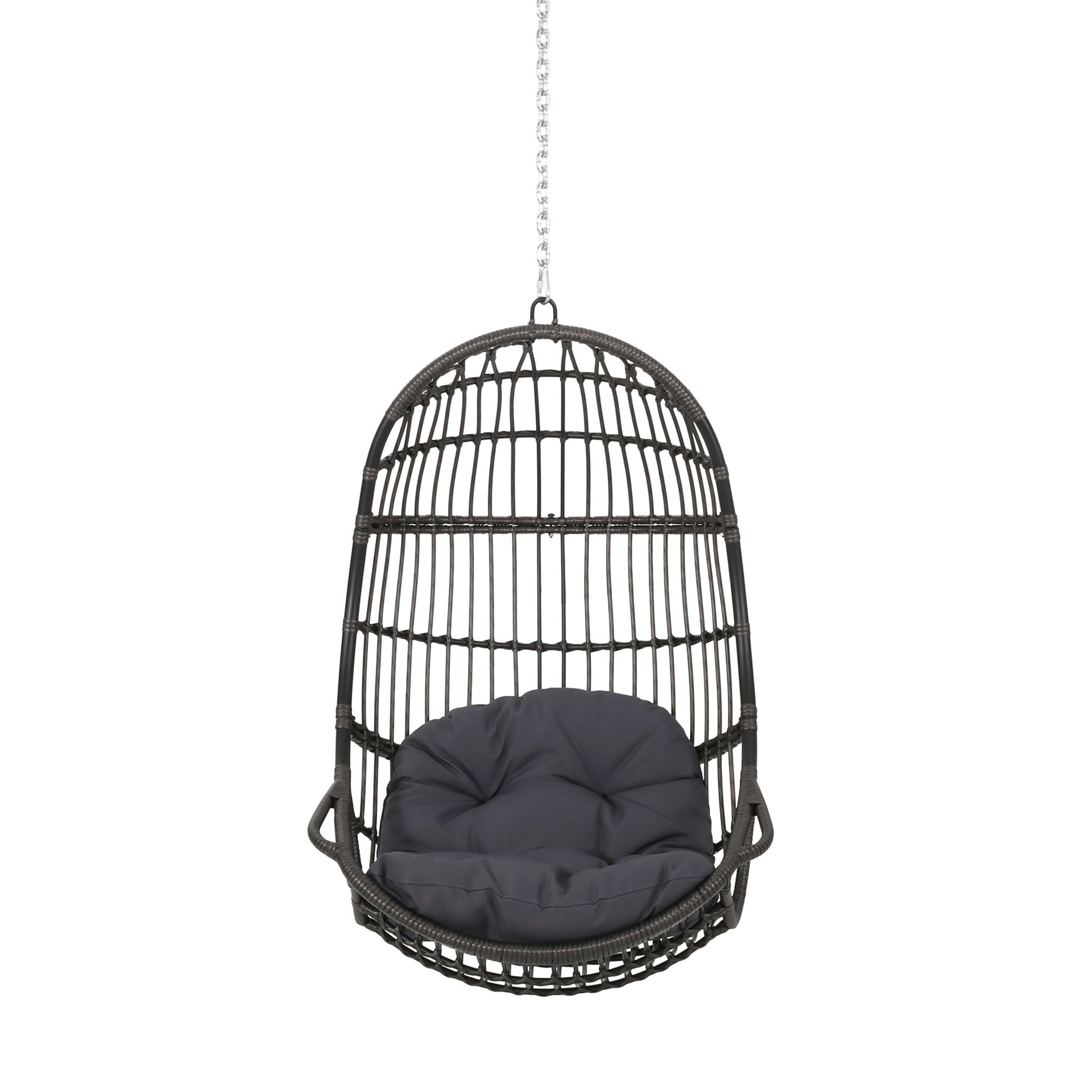 The Rustic Hanging Basket Chair With Cushion is a black egg-shaped rattan chair with a grey cushion, suspended from a metal chain and shown against a white background.