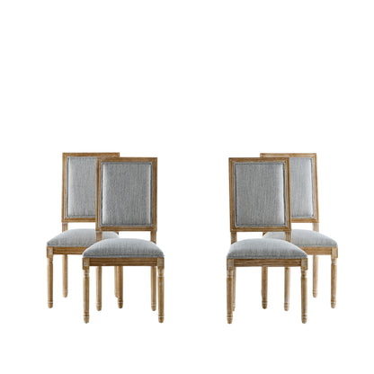 Four French Country Style dining chairs with upholstered seats and fluted legs, arranged in two pairs against a white background.
