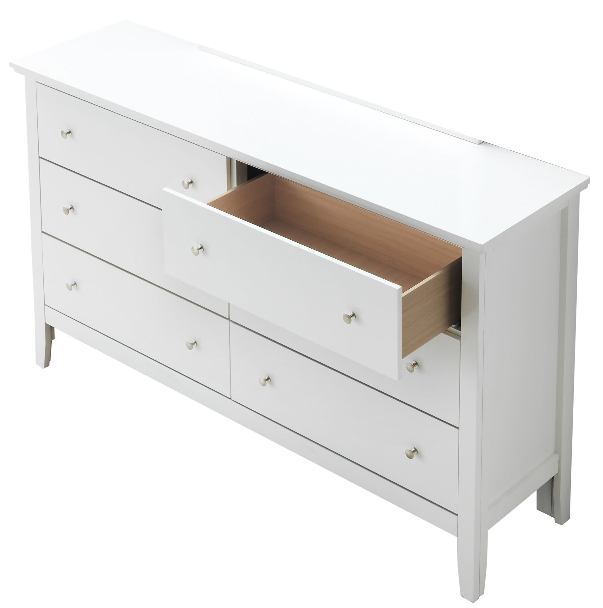 The Primo - Dresser is a white wooden unit with six drawers, simple metal knobs, and four short legs; one drawer is partially open to show the empty interior.