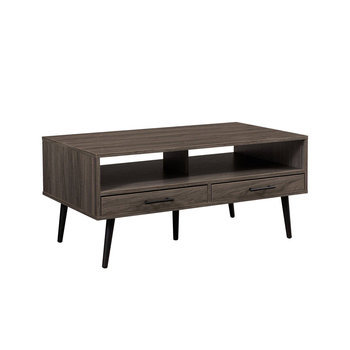 The Contemporary 2 Drawer Low Coffee Table features a dark finish, two drawers with black handles, an open shelf above, and four angled black legs, shown against a white background.