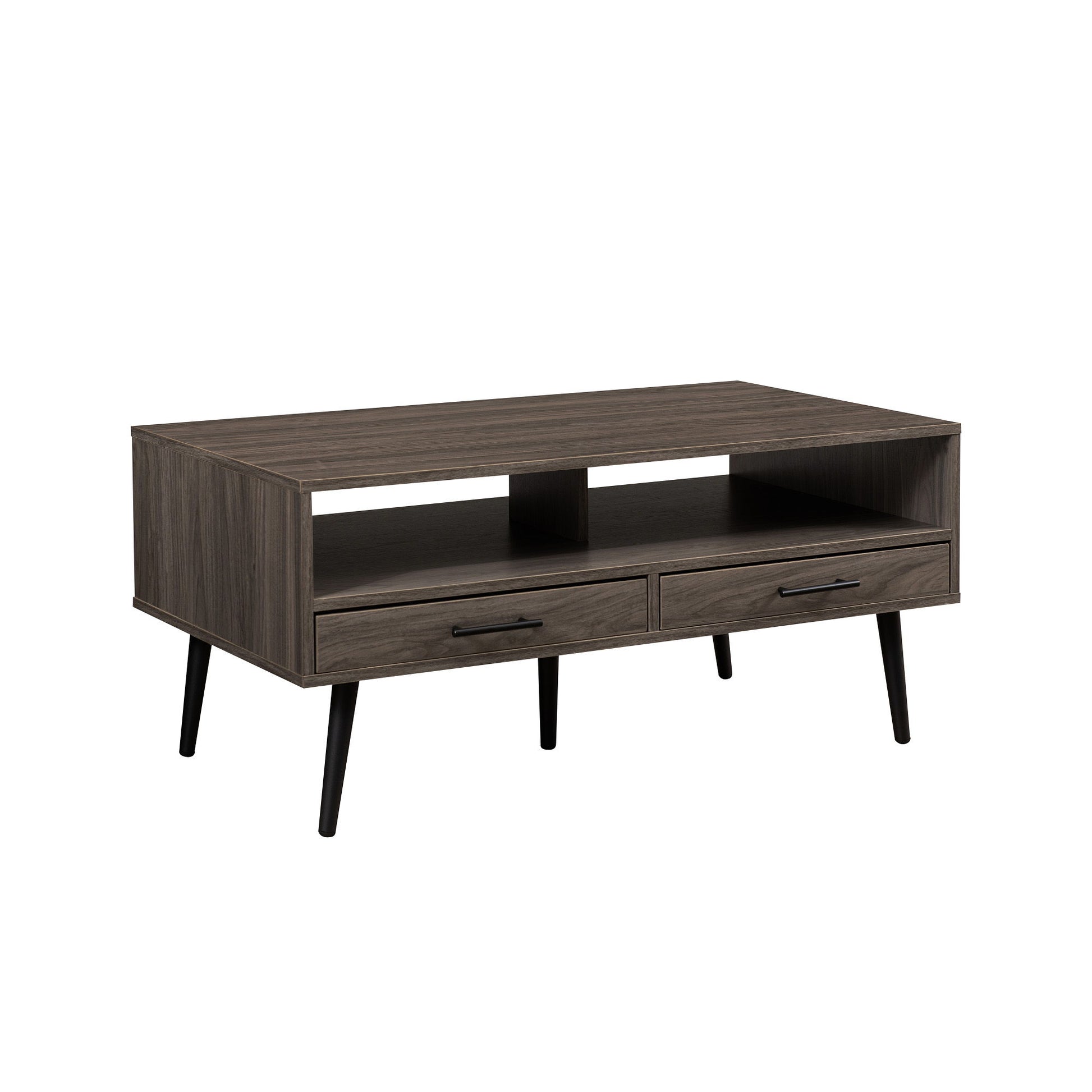The Contemporary 2 Drawer Low Coffee Table features a dark finish, two drawers with black handles, an open shelf above, and four angled black legs, shown against a white background.