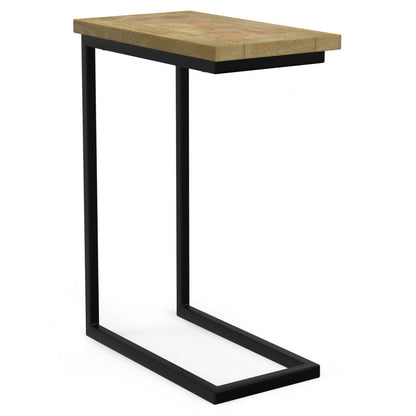 The Skyler - Handcrafted C Side Table features a light wood top and black metal frame, designed in a modern C-shape to conveniently slide under sofas or chairs.