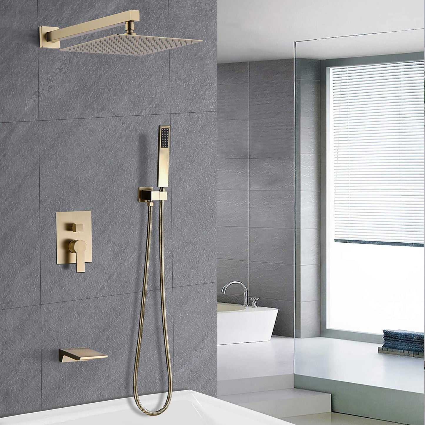 Luxury Bathroom Shower System With 12" Rain Shower Head Handheld Mixer - Brushed Gold