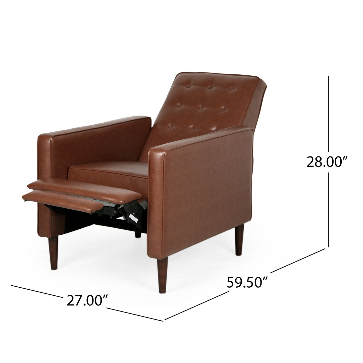 Mid-Century Modern Recliner With Button Tufted Waffle Stitch features brown leather, angled wooden legs, extended footrest, and a button-tufted backrest. Dimensions: 28"H x 27"W x 59.5"L (reclined).