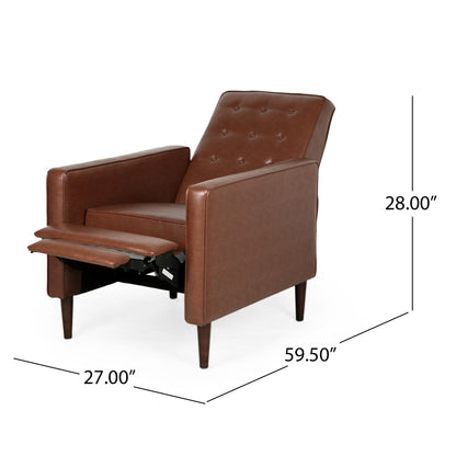 Mid-Century Modern Recliner With Button Tufted Waffle Stitch features brown leather, angled wooden legs, extended footrest, and a button-tufted backrest. Dimensions: 28"H x 27"W x 59.5"L (reclined).