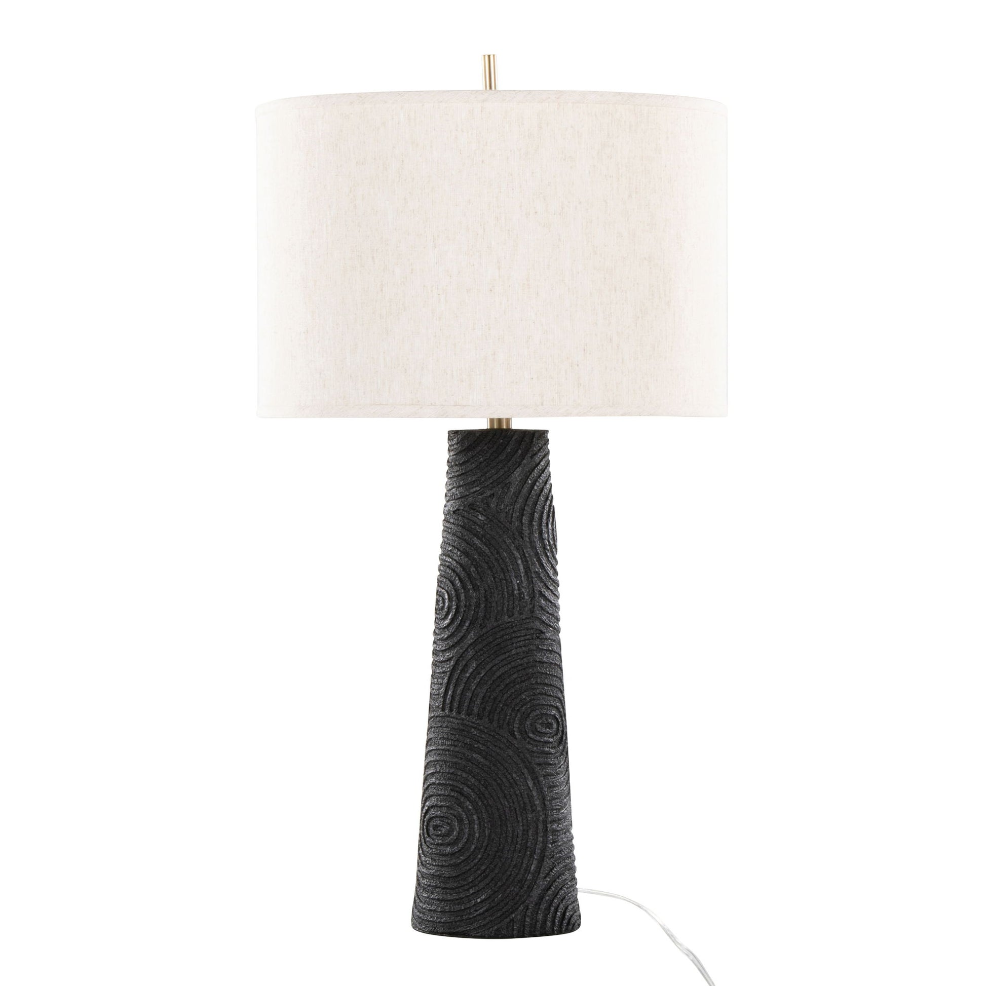 The Kona - Contemporary Table Lamp (Set of 2) in Matte Black features a textured conical base with circular patterns and a wide white cylindrical shade. A white power cord extends from the base for modern style and functionality.