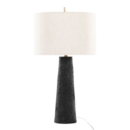 The Kona - Contemporary Table Lamp (Set of 2) in Matte Black features a textured conical base with circular patterns and a wide white cylindrical shade. A white power cord extends from the base for modern style and functionality.