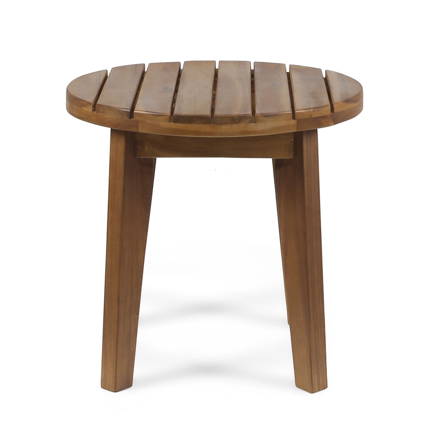 The Outdoor Acacia Wood Side Table features a small, round slatted top and three angled legs, crafted from weather-resistant acacia wood and displayed on a white background.