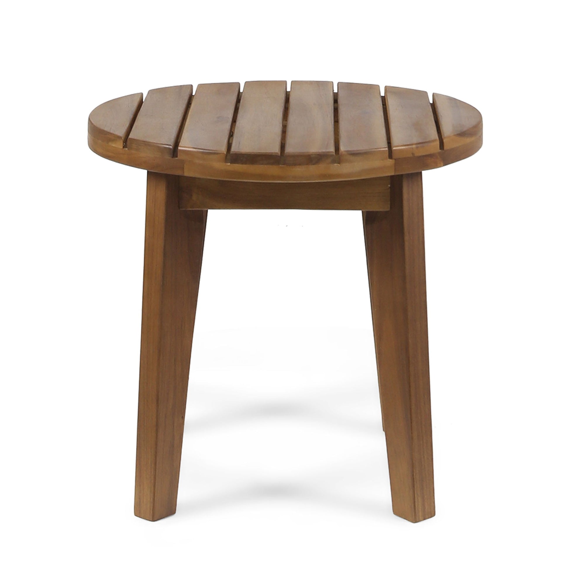 The Outdoor Acacia Wood Side Table features a small, round slatted top and three angled legs, crafted from weather-resistant acacia wood and displayed on a white background.