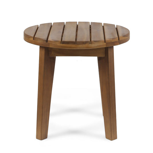 The Outdoor Acacia Wood Side Table features a small, round slatted top and three angled legs, crafted from weather-resistant acacia wood and displayed on a white background.