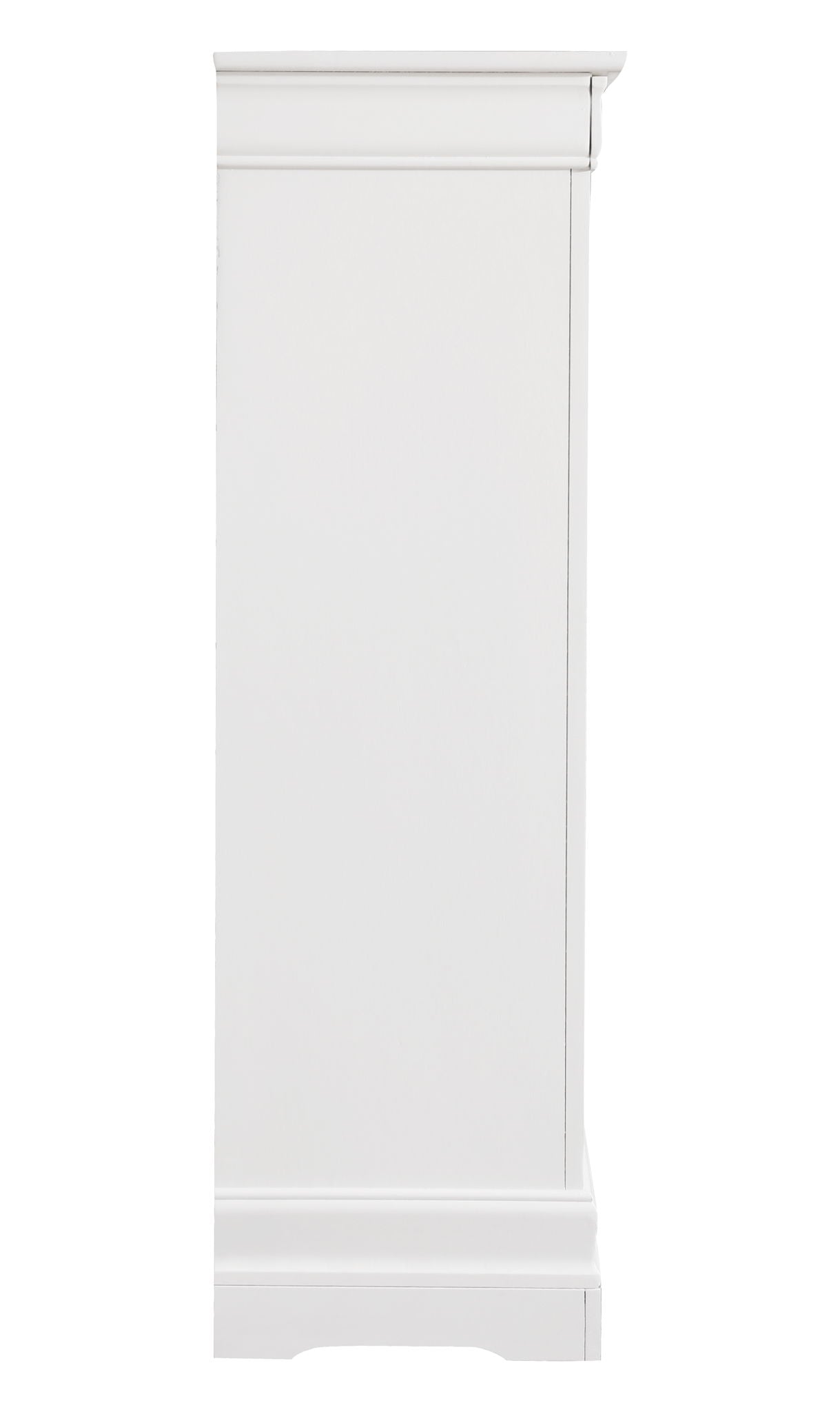 Side view of the Traditional Style Lingerie Storage Chest Timeless, a tall white wooden cabinet featuring a smooth surface and decorative grooves at the top and base, set against a plain white background.