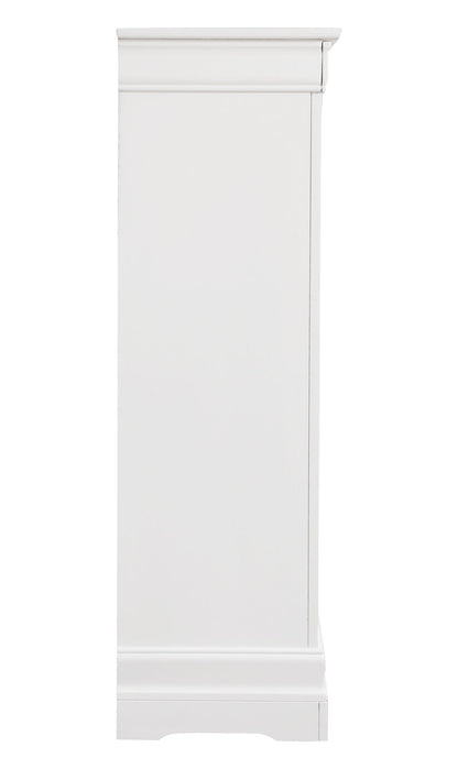 Side view of the Traditional Style Lingerie Storage Chest Timeless, a tall white wooden cabinet featuring a smooth surface and decorative grooves at the top and base, set against a plain white background.