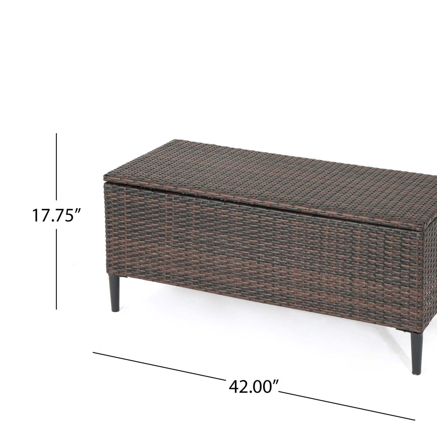The Rupert Storage Unit is a rectangular brown resin wicker outdoor bench with black legs, measuring 17.75" tall and 42" wide, shown against a white background.