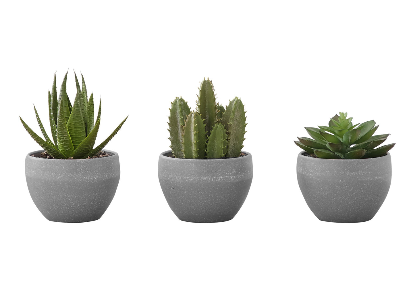 A set of three 6" tall artificial succulent plants in gray pots is arranged side by side, each with unique shapes and textures, perfect for decorative indoor table greenery.