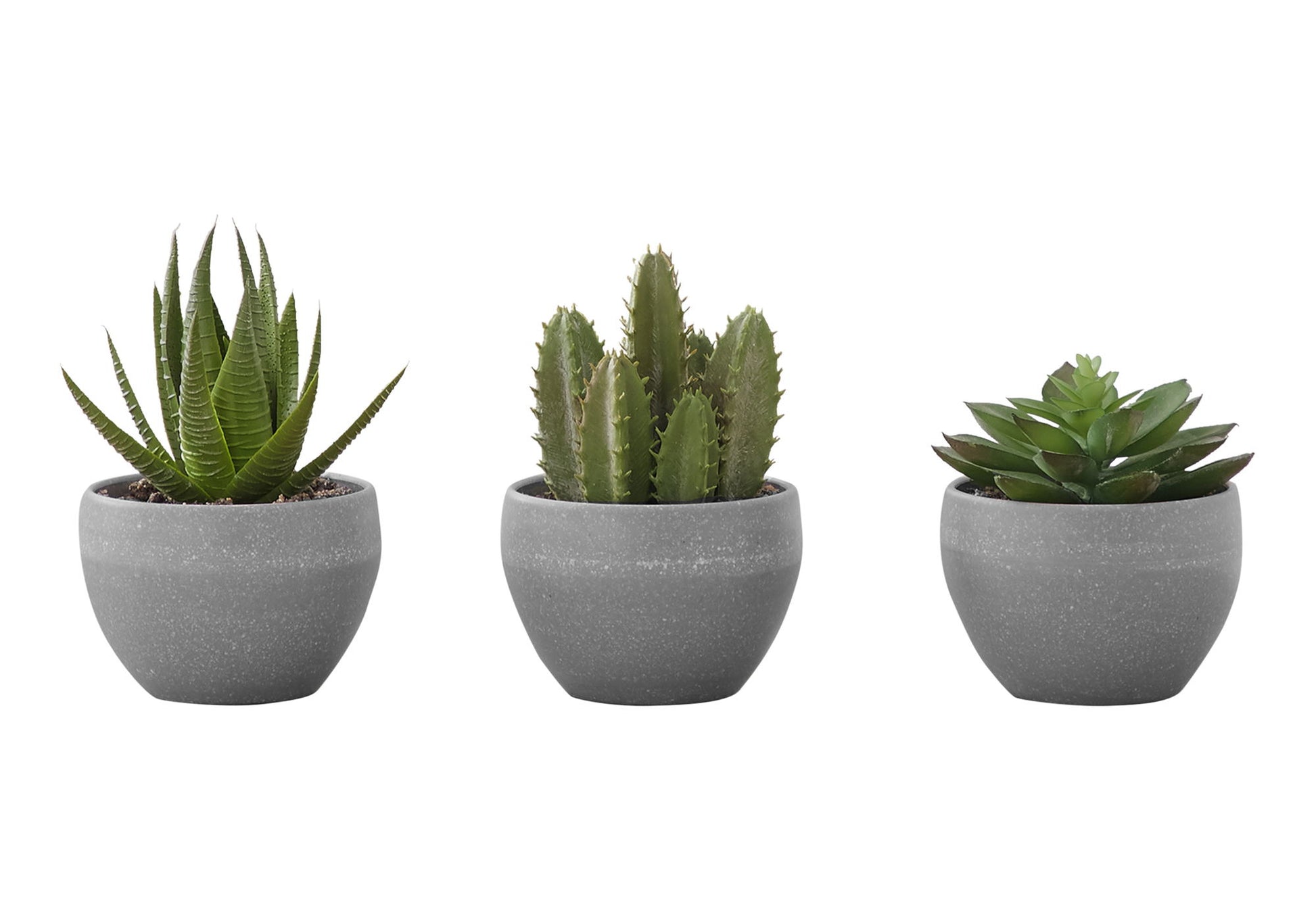 A set of three 6" tall artificial succulent plants in gray pots is arranged side by side, each with unique shapes and textures, perfect for decorative indoor table greenery.