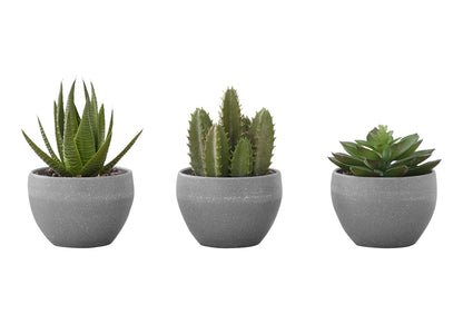 A set of three 6" tall artificial succulent plants in gray pots is arranged side by side, each with unique shapes and textures, perfect for decorative indoor table greenery.