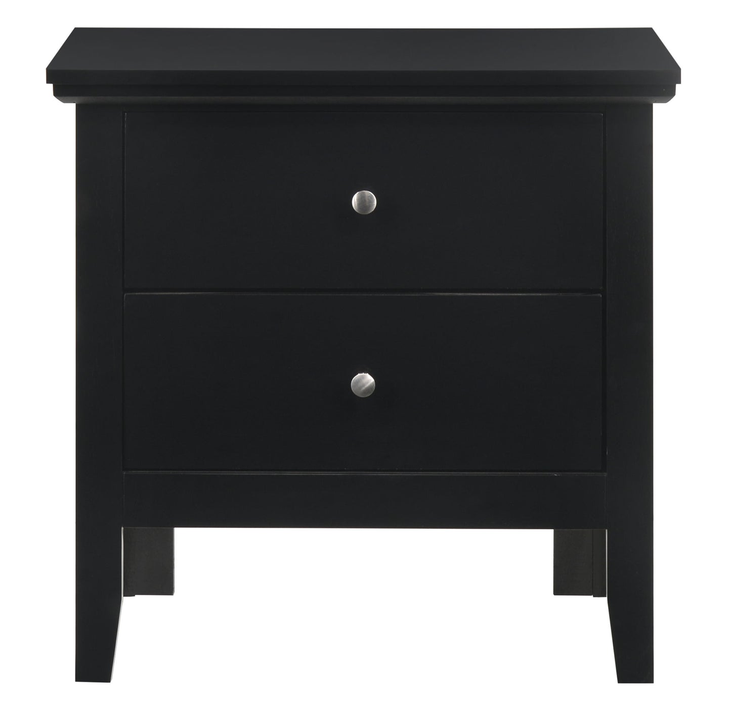 The Primo - Nightstand is a black wooden piece with two drawers, each fitted with a small round silver knob. It features a simple, modern design with straight legs and a flat top surface.