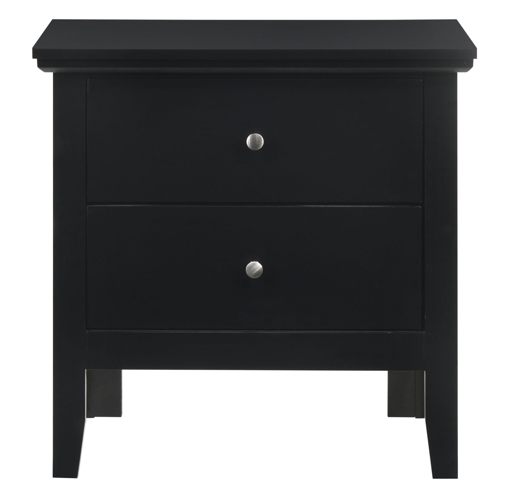 The Primo - Nightstand is a black wooden piece with two drawers, each fitted with a small round silver knob. It features a simple, modern design with straight legs and a flat top surface.