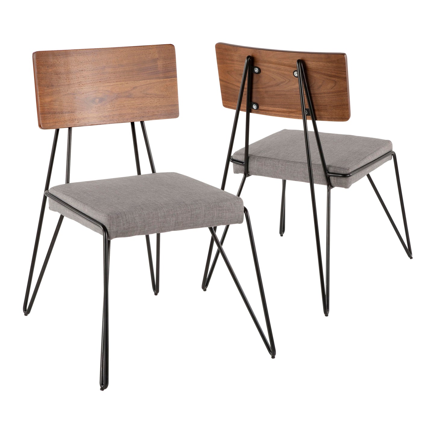 The Loft Mid-Century Modern Chair set features two chairs with gray upholstered seats, angled black metal legs, and walnut wood backs. One faces forward while the other shows the back, both set against a white background.