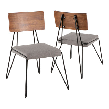 The Loft Mid-Century Modern Chair set features two chairs with gray upholstered seats, angled black metal legs, and walnut wood backs. One faces forward while the other shows the back, both set against a white background.