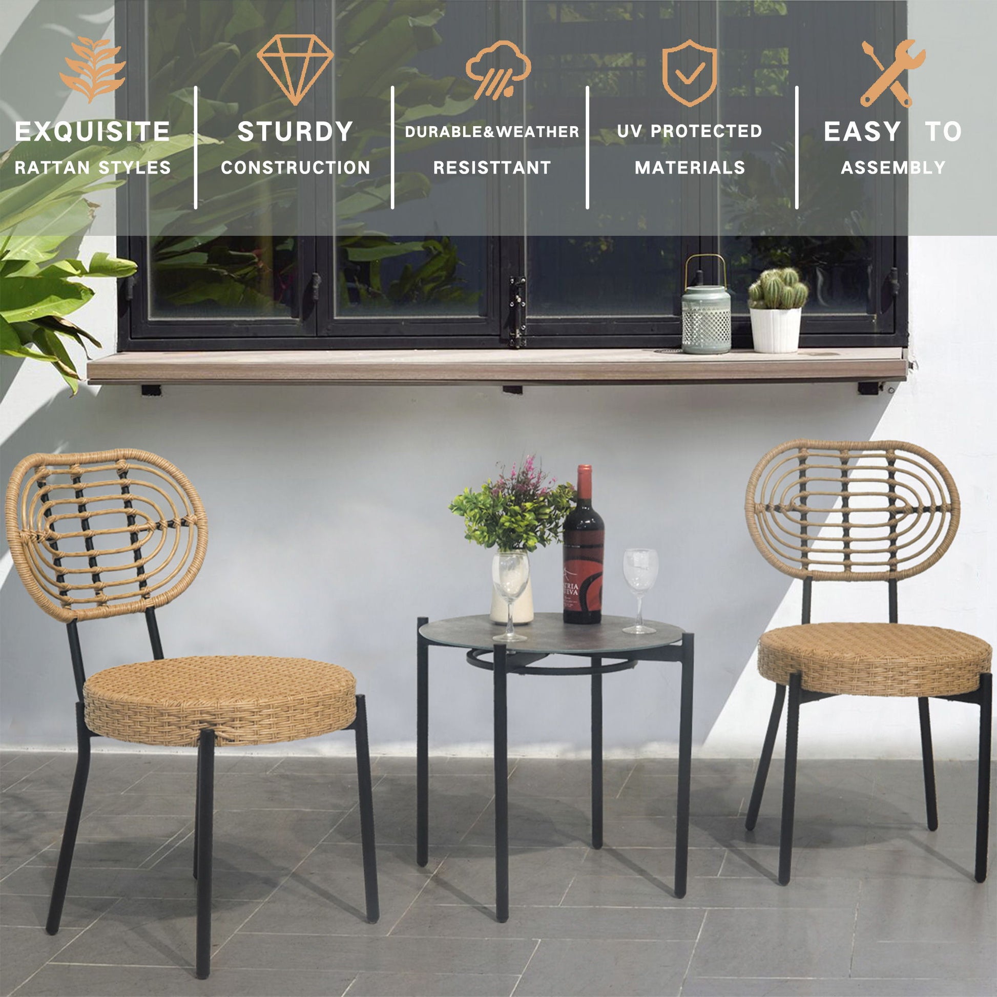 A 3-piece luxury outdoor wicker patio bistro set, featuring weather-resistant PE rattan in black/natural, is arranged on a patio under a window with wine and flowers. Icons show its style, sturdy build, UV protection, and easy assembly.
