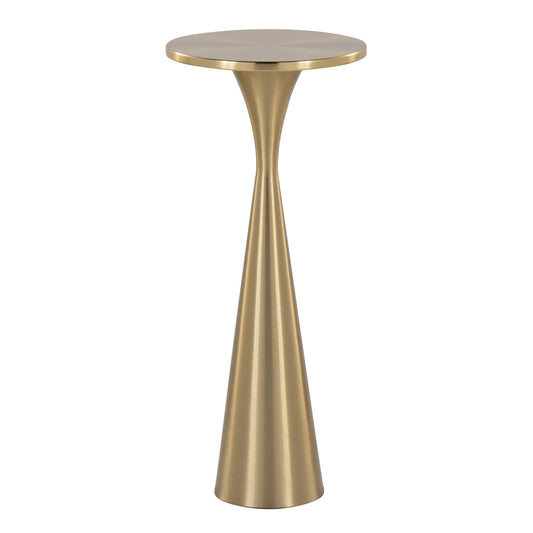 The Gemma - Sleek Design Side Table features a modern gold finish, a round top, and a sleek pedestal base that tapers and widens at the bottom.