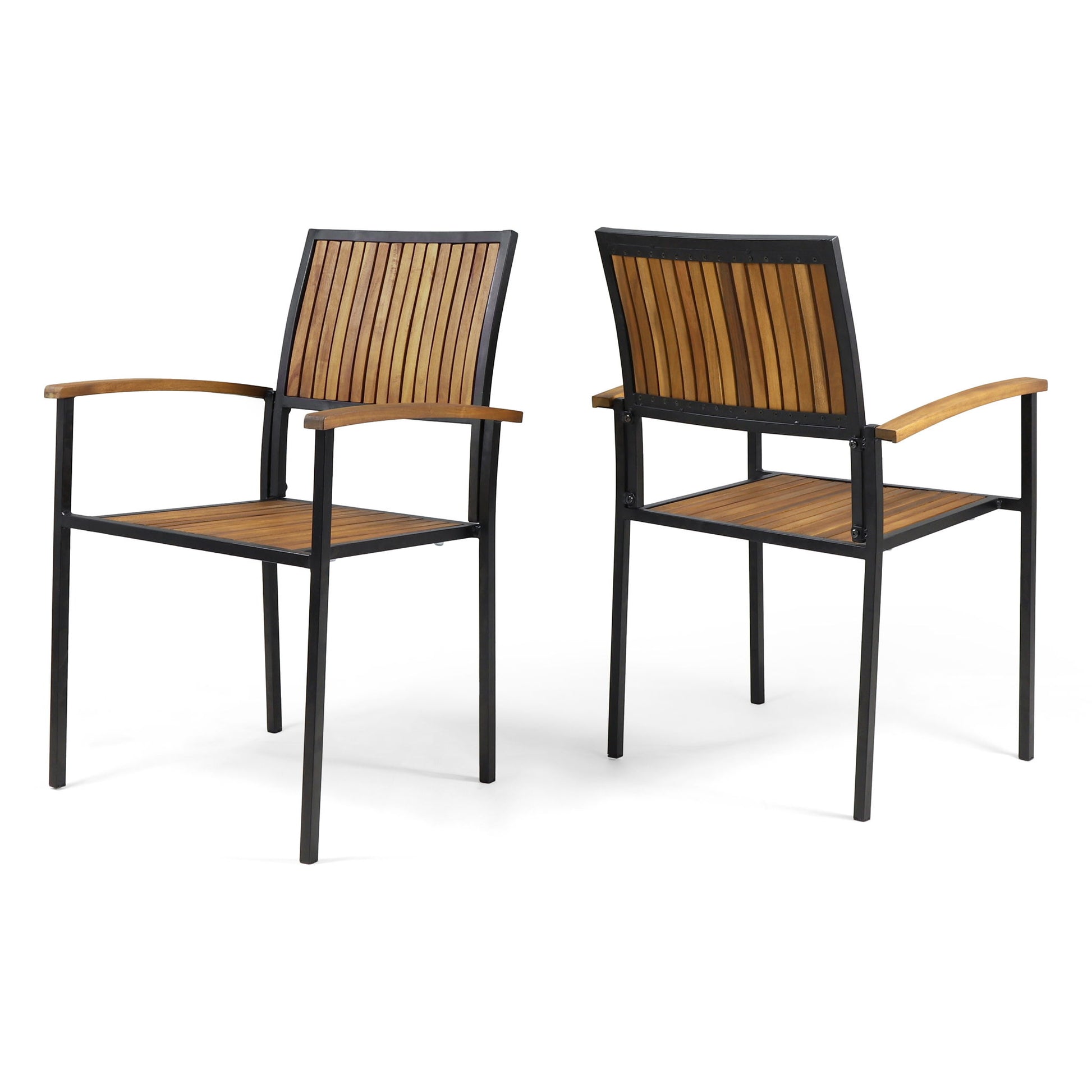 Two Vermilion outdoor dining chairs with vertical slats and wooden arms, featuring black metal frames, are placed side by side—one facing forward, the other turned slightly backward.