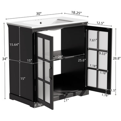 Modern Bathroom Vanity With Ceramic Sink, Tempered Blurred Glass Doors