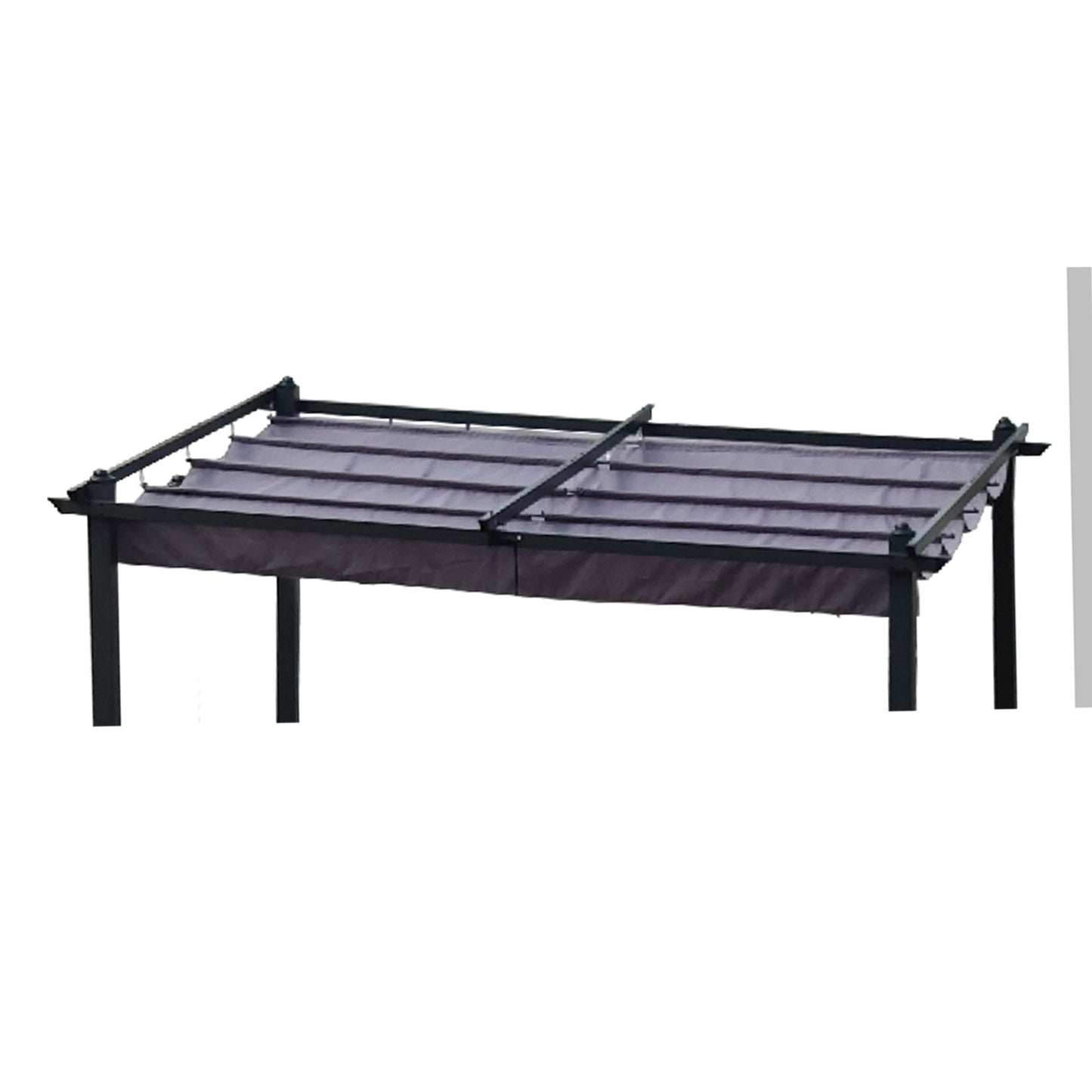 A black metal pergola frame with the Replacement Canopy Top Cover Fabric for Outdoor Patio Retractable Pergola Sun-Shelter partially extended across the top.