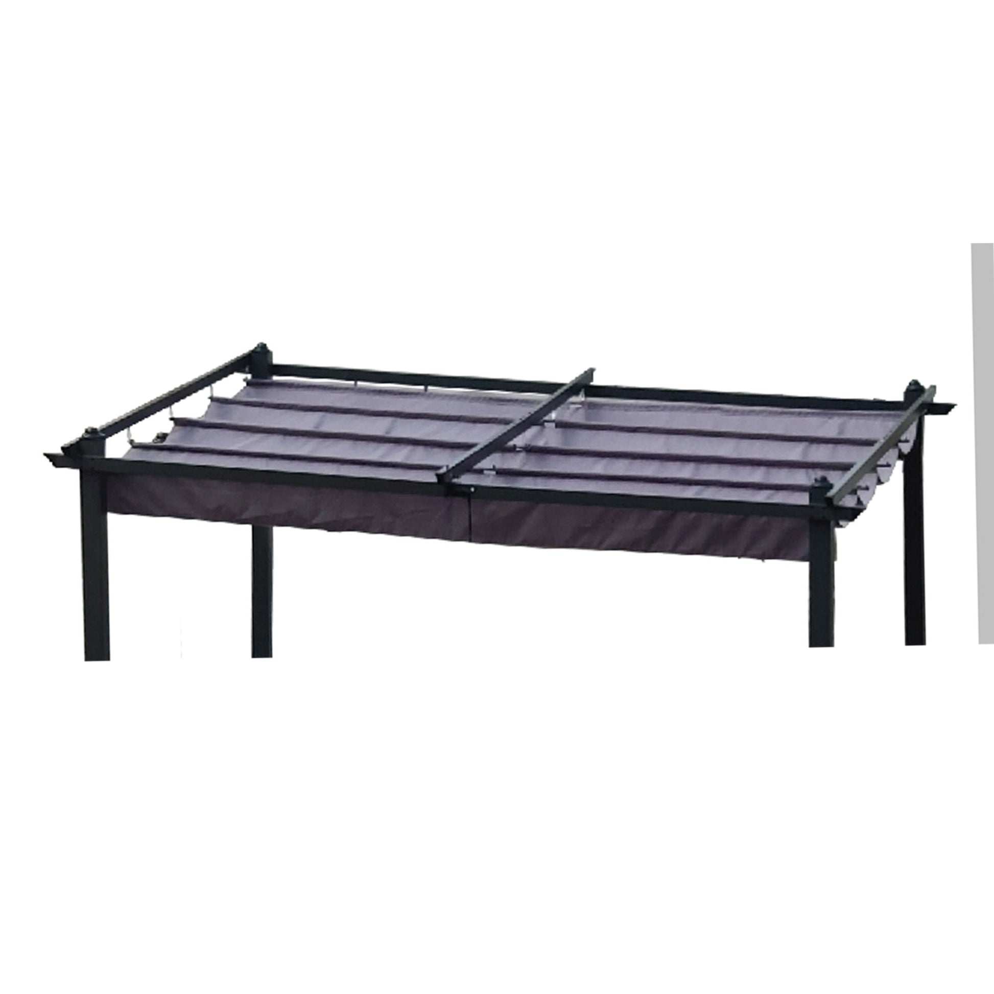 A black metal pergola frame with the Replacement Canopy Top Cover Fabric for Outdoor Patio Retractable Pergola Sun-Shelter partially extended across the top.