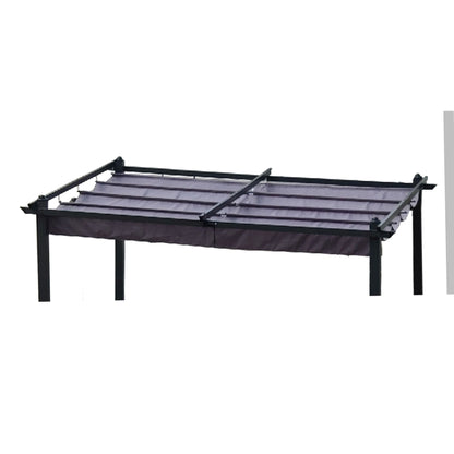 A black metal pergola frame with the Replacement Canopy Top Cover Fabric for Outdoor Patio Retractable Pergola Sun-Shelter partially extended across the top.