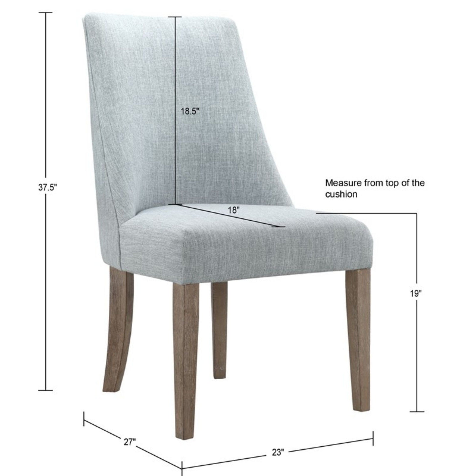 The Comfortable Dining Chair Upholstered (Set of 2) is shown in light gray with wooden legs. Dimensions are marked: 37.5" tall, seat height 19", seat depth 18", width 23", length 27". Measurements feature lines and text.