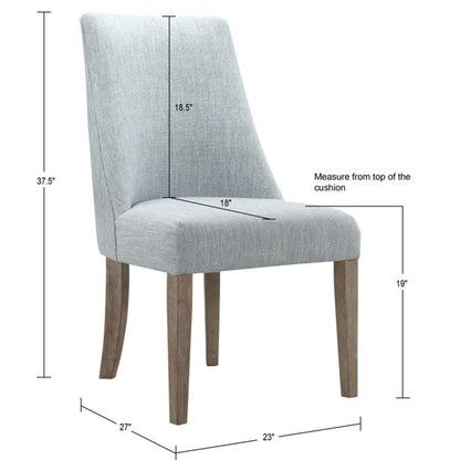 The Comfortable Dining Chair Upholstered (Set of 2) is shown in light gray with wooden legs. Dimensions are marked: 37.5" tall, seat height 19", seat depth 18", width 23", length 27". Measurements feature lines and text.