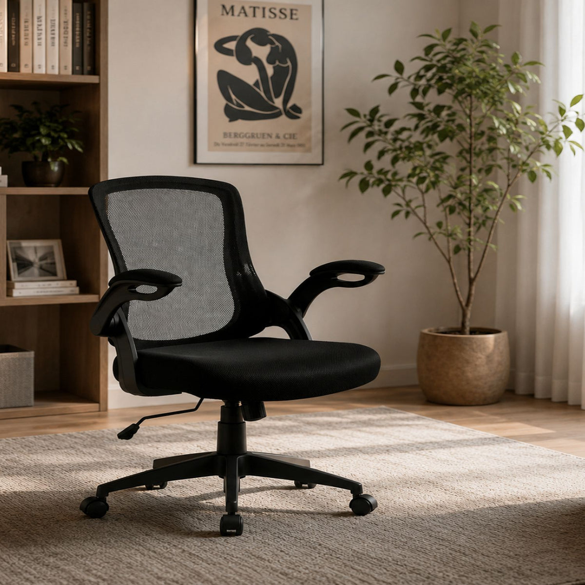 Office Chair With Mid Back Design, Adjustable Height And Foldable Armrests - Black
