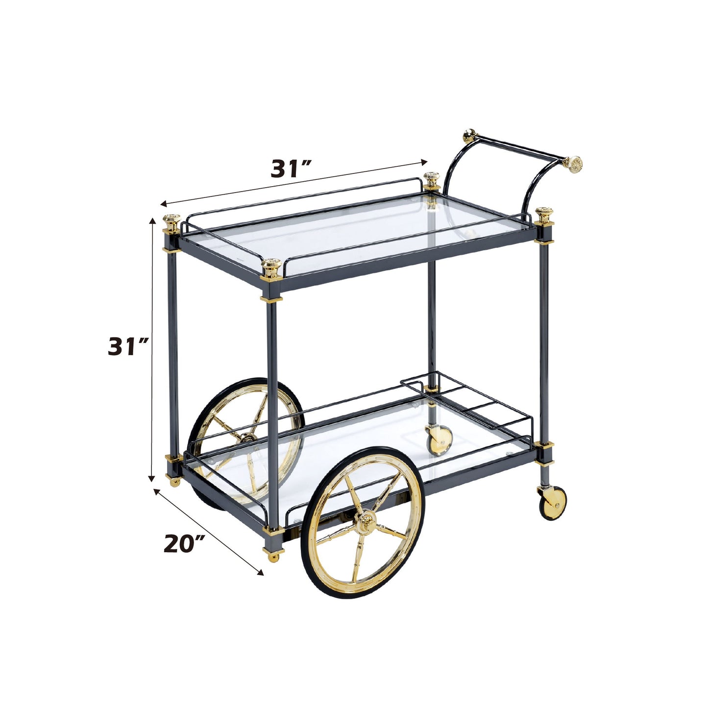 The Cyrus Clear Glass Serving Cart in Black/Gold features two glass tiers, large rear wheels, small front wheels, and measures 31"H x 31"W x 20"D.