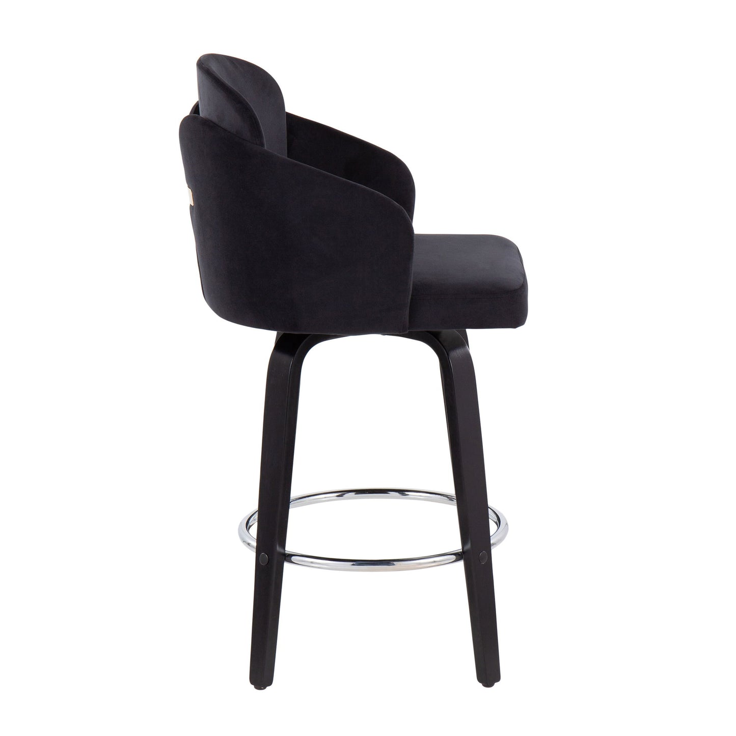 The Dahlia Contemporary Counter Stool set features a modern black design with a curved upholstered backrest, cushioned seat, four angled wooden legs, and a round chrome footrest—shown from the side on a white background.